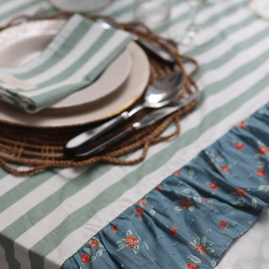 Green stripe tablecloth with ruffle Jackie