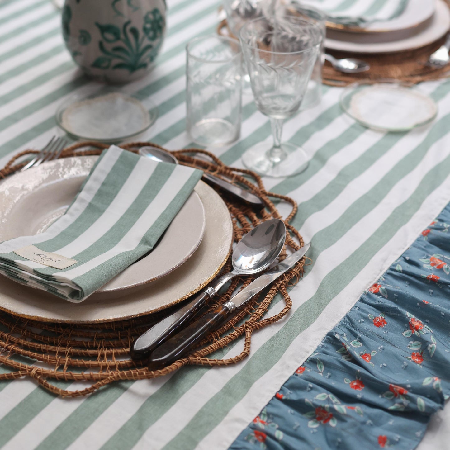 Green stripe tablecloth with ruffle Jackie