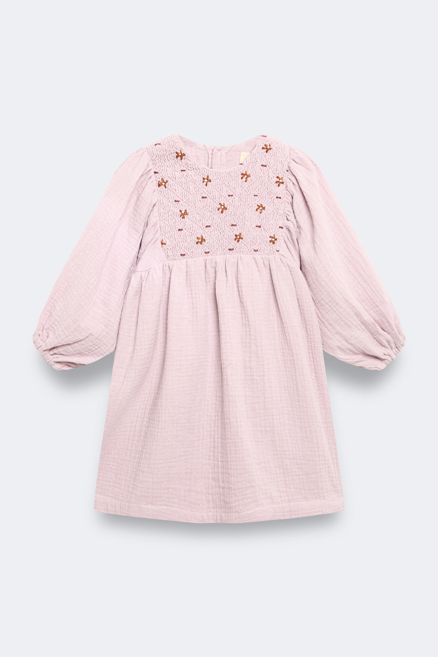 Vestido bordado nidos plumeti malva niña