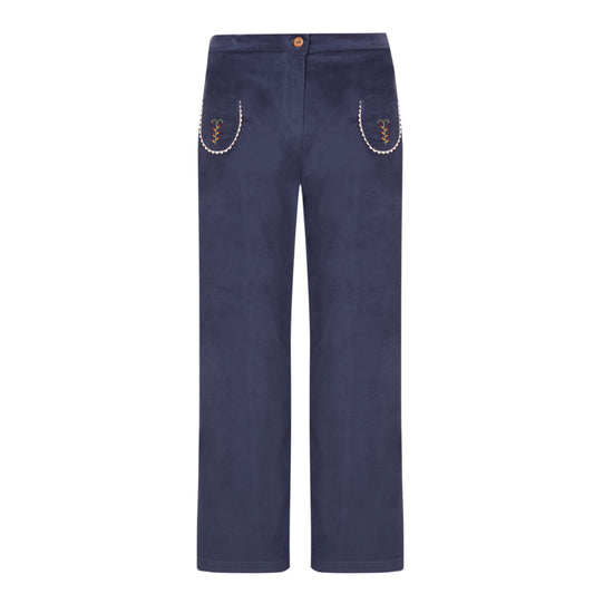 Pantalón campana de mujer velvet azul Cobalto bordado