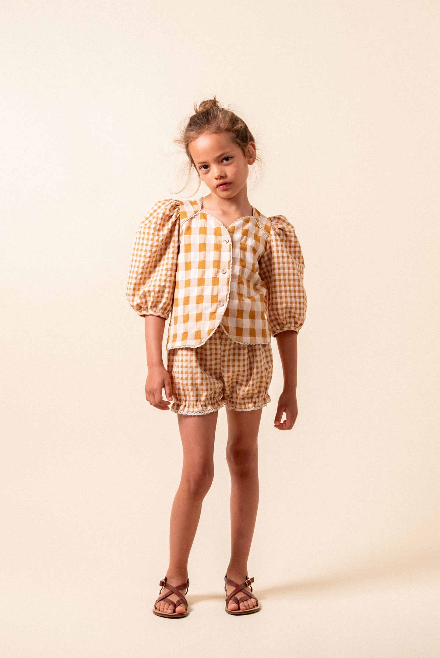 Caramel ginham short baggy pants girl