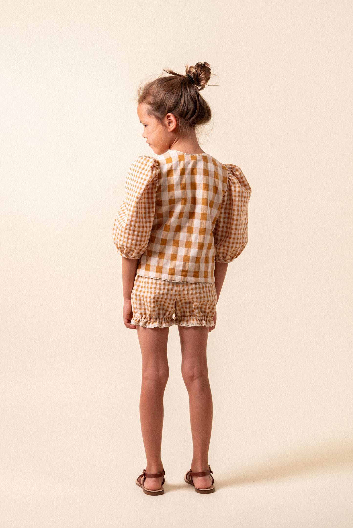 Caramel ginham short baggy pants girl