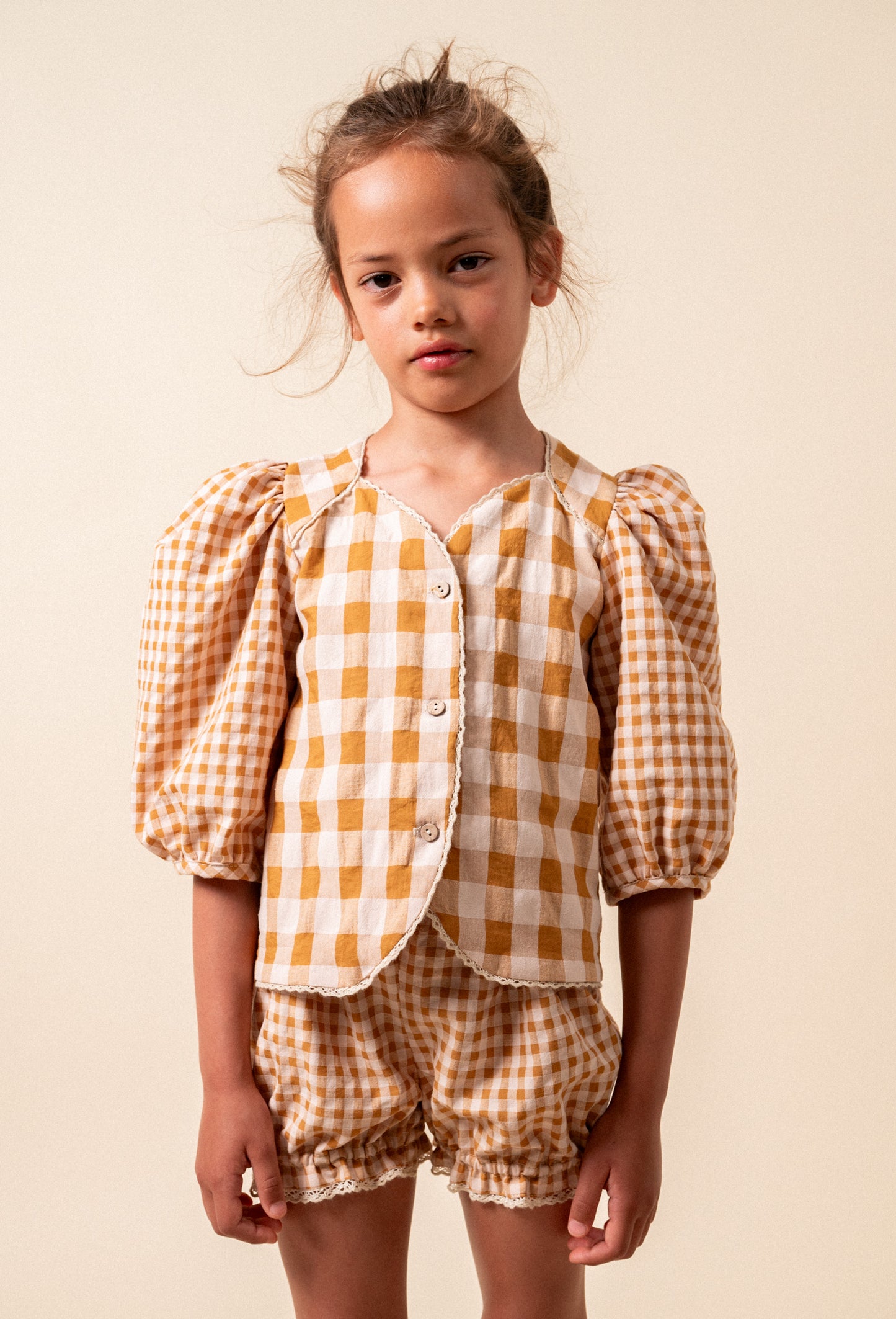 Caramel ginham short baggy pants girl