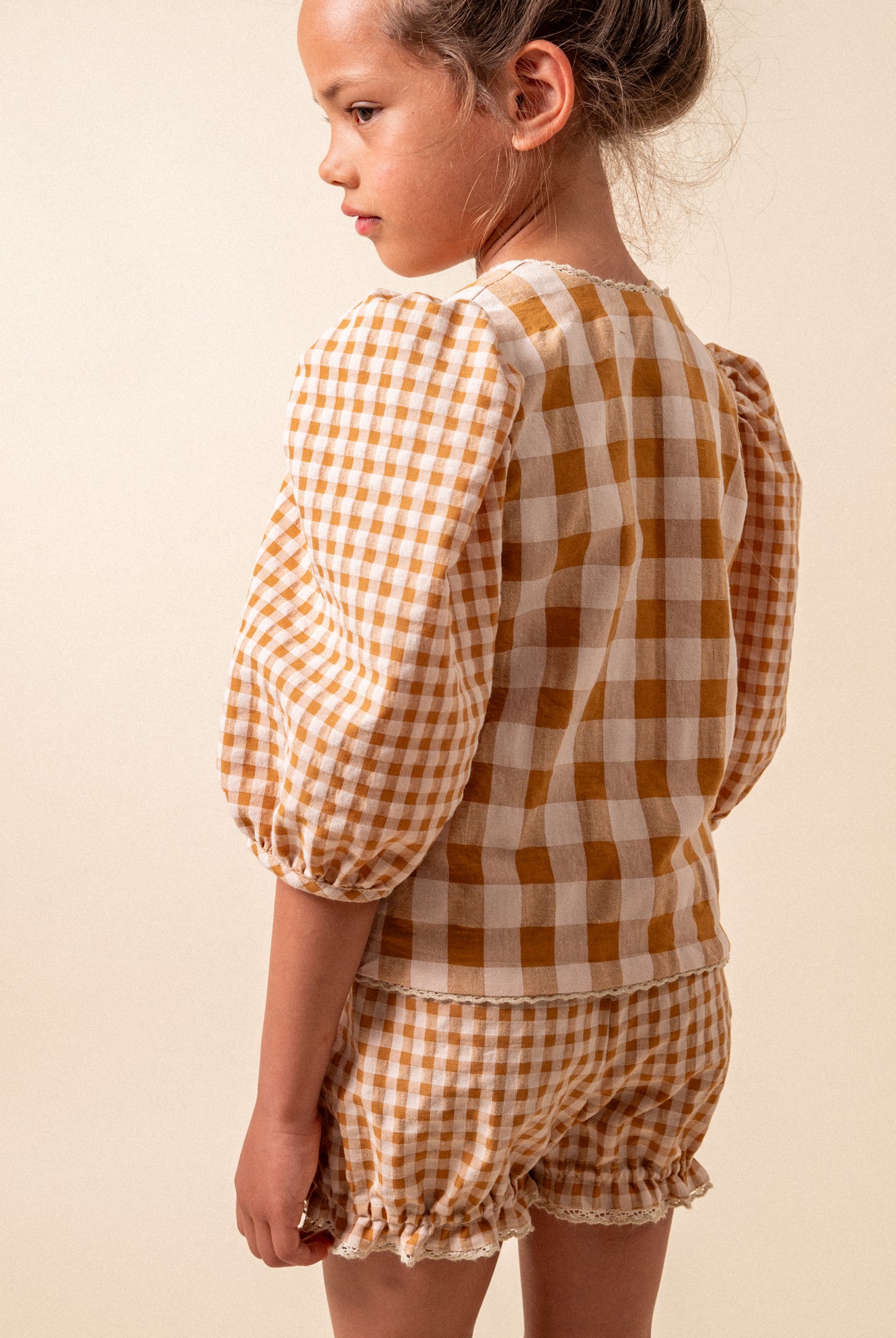 Caramel ginham short baggy pants girl