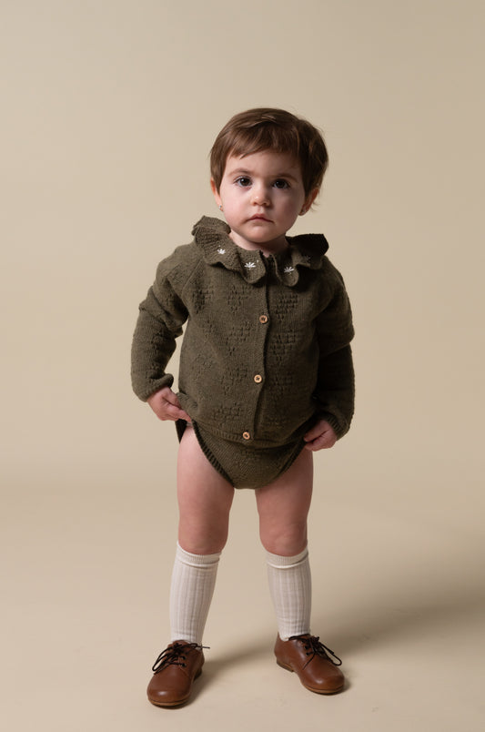 Green knit embroidered cardigan baby