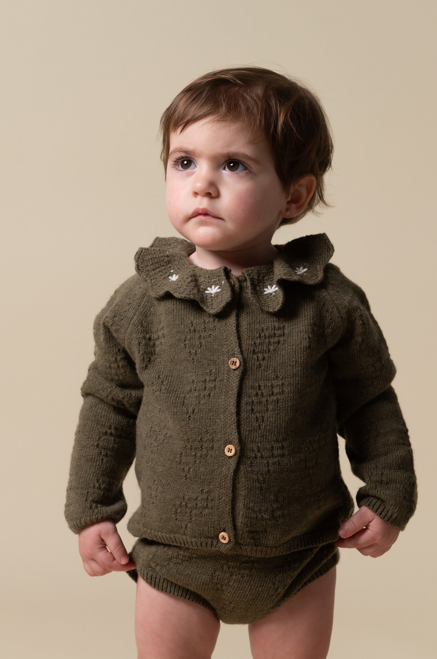 Green knit embroidered cardigan baby